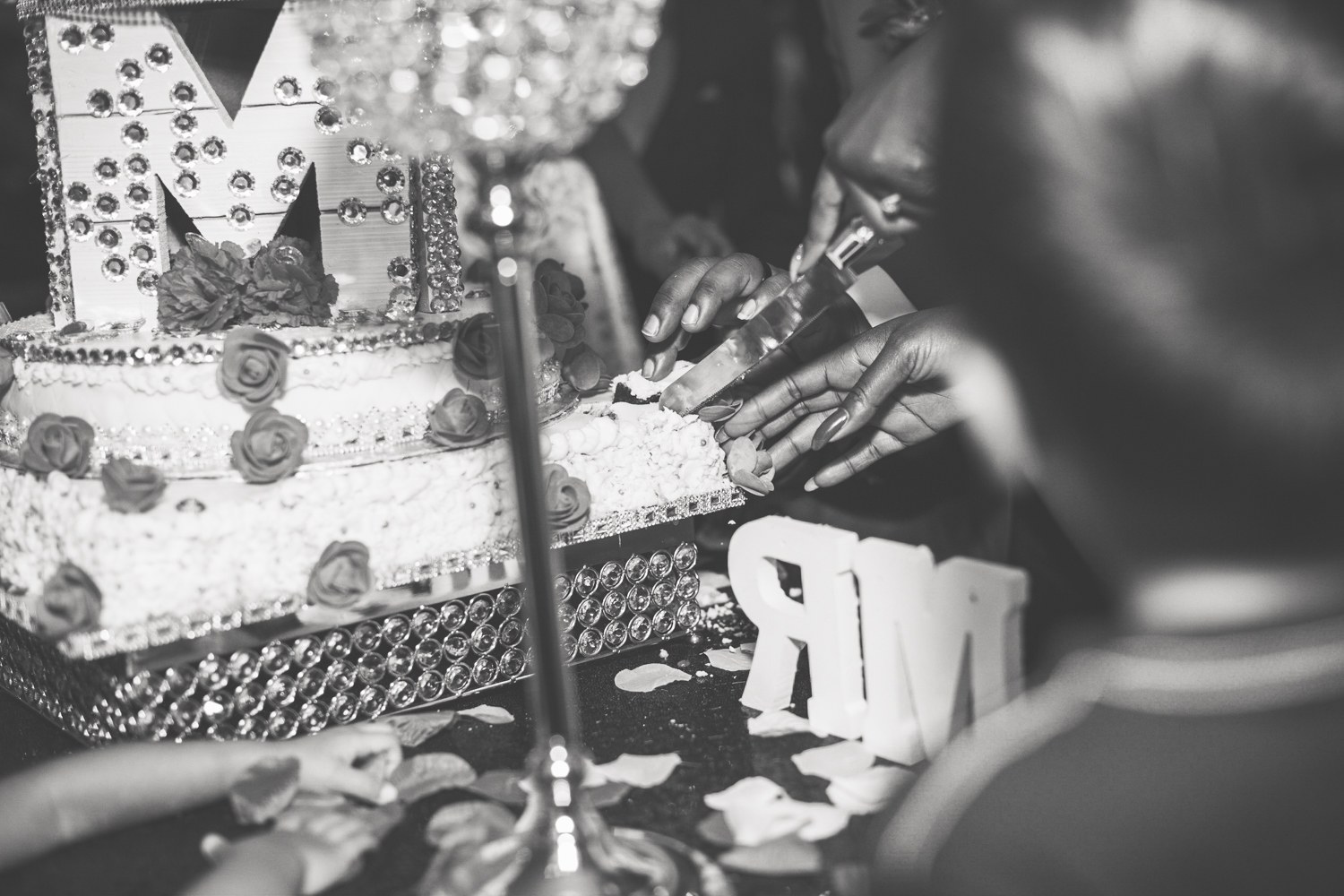 Wedding cake cutting photographed in black and white